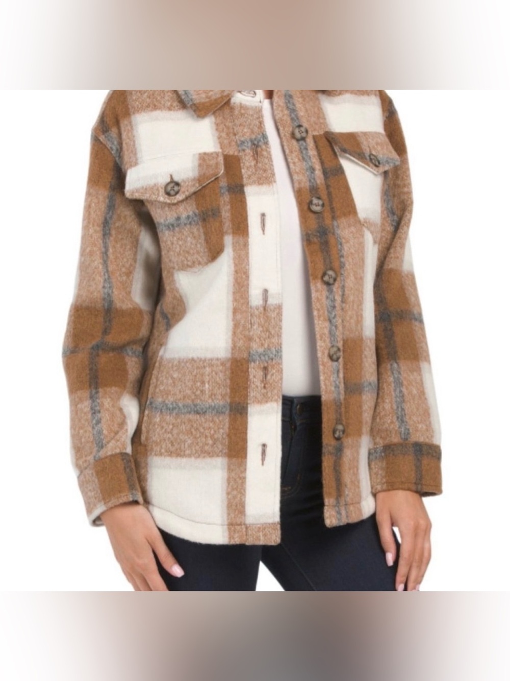 Avec Les Filles Tan & White Plaid Shacket